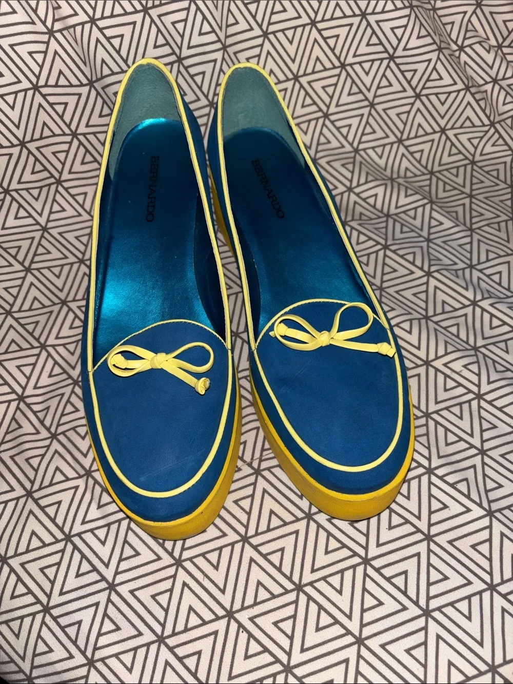 Bernardo Blue Platform Loafers with Yellow Trim